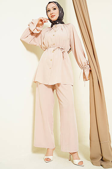 Kol Manşeti Gül Detaylı İkili Takım Bej - İkili Takım