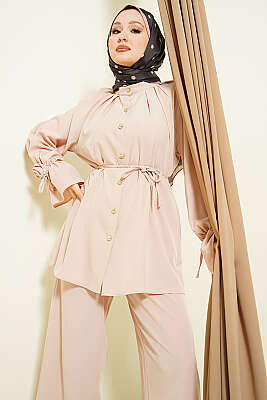 Kol Manşeti Gül Detaylı İkili Takım Bej - İkili Takım