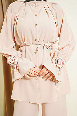 Kol Manşeti Gül Detaylı İkili Takım Bej - İkili Takım