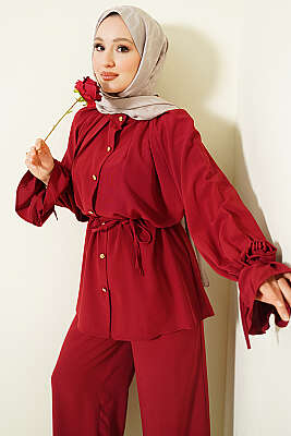 Kol Manşeti Gül Detaylı İkili Takım Bordo - BERAT TEKSTİL