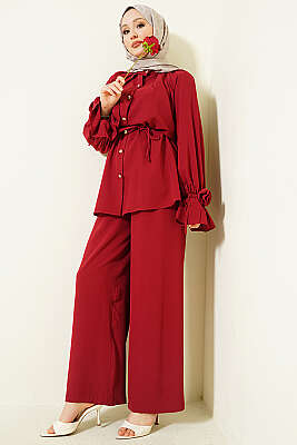 Kol Manşeti Gül Detaylı İkili Takım Bordo - İkili Takım