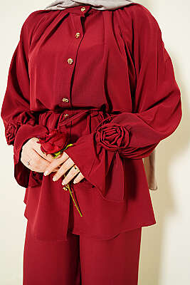 Kol Manşeti Gül Detaylı İkili Takım Bordo - İkili Takım