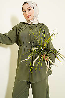 Kol Manşeti Gül Detaylı İkili Takım Haki - BERAT TEKSTİL