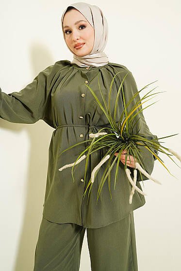 Kol Manşeti Gül Detaylı İkili Takım Haki - İkili Takım