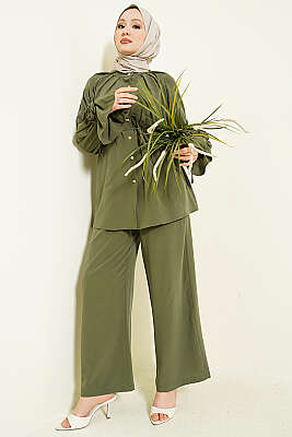 Kol Manşeti Gül Detaylı İkili Takım Haki - İkili Takım