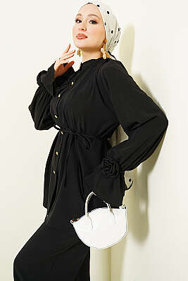 Kol Manşeti Gül Detaylı İkili Takım Siyah 