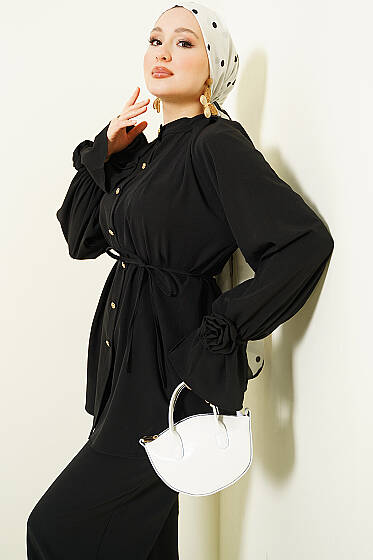 Kol Manşeti Gül Detaylı İkili Takım Siyah - İkili Takım