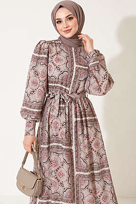 Kol Manşetli Desenli Şifon Elbise Pudra - Süper Fırsat