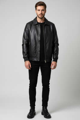 Kol Manşetli Erkek Deri Mont Siyah - Erkek Mont