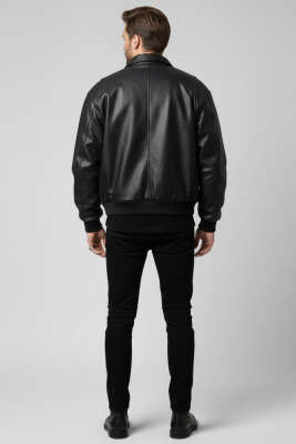 Kol Manşetli Erkek Deri Mont Siyah - Erkek Mont