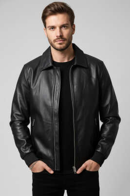 Kol Manşetli Erkek Deri Mont Siyah - ZAGO