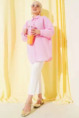 Kol Manşetli Oversize Gömlek Şeker Pembe - Gömlek