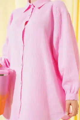Kol Manşetli Oversize Gömlek Şeker Pembe - Gömlek