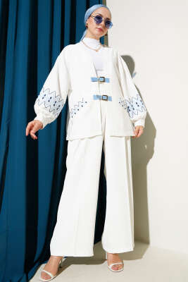 Kol Nakışlı Çift Kemerli Kimono Ekru - Dış Giyim&Mont