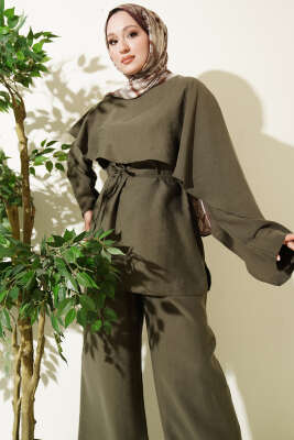 Kol Pelerinli İp Kuşaklı İkili Takım Haki - İkili Takım