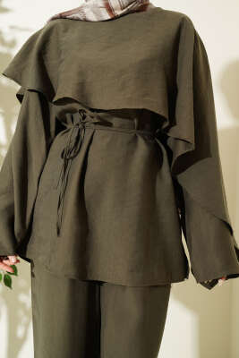 Kol Pelerinli İp Kuşaklı İkili Takım Haki - İkili Takım