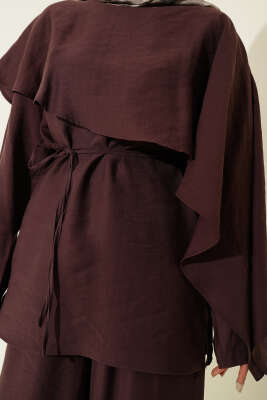 Kol Pelerinli İp Kuşaklı İkili Takım Mürdüm - İkili Takım