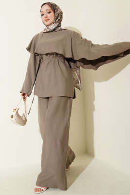 Kol Pelerinli İp Kuşaklı İkili Takım Vizon - TABA