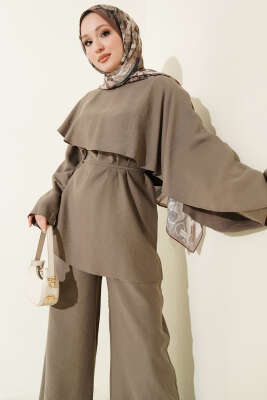 Kol Pelerinli İp Kuşaklı İkili Takım Vizon - İkili Takım