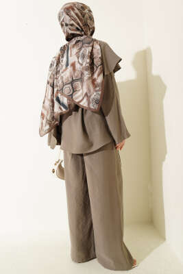 Kol Pelerinli İp Kuşaklı İkili Takım Vizon - İkili Takım