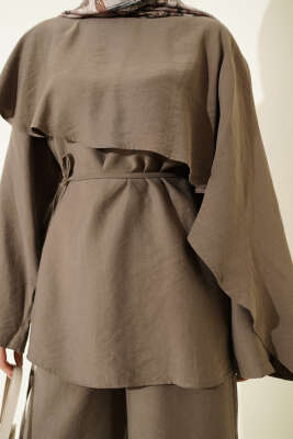 Kol Pelerinli İp Kuşaklı İkili Takım Vizon - İkili Takım