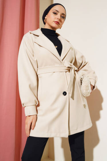 Kol Pensli Kuşaklı Kaşe Kaban Bej - Kaban