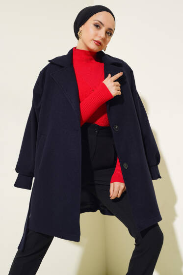 Kol Pensli Kuşaklı Kaşe Kaban Lacivert - Kaban