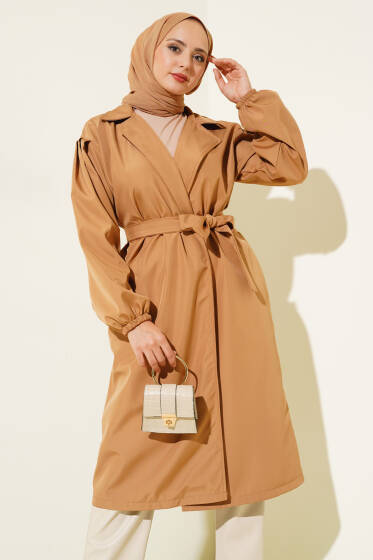 Kol Pensli Kuşaklı Trençkot Camel - Trençkot