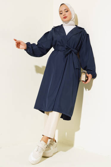 Kol Pensli Kuşaklı Trençkot Lacivert - Trençkot