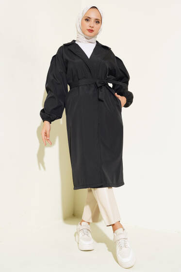 Kol Pensli Kuşaklı Trençkot Siyah - Trençkot