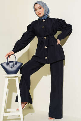 Kol Pileli Gold Düğmeli Kuşaklı İkili Takım Lacivert - TABA