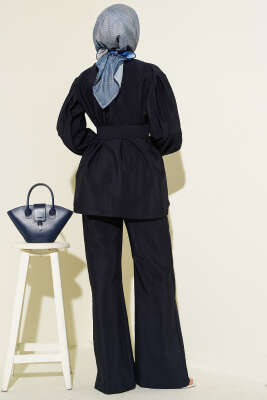 Kol Pileli Gold Düğmeli Kuşaklı İkili Takım Lacivert - İkili Takım