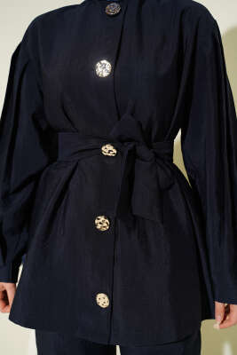 Kol Pileli Gold Düğmeli Kuşaklı İkili Takım Lacivert - İkili Takım