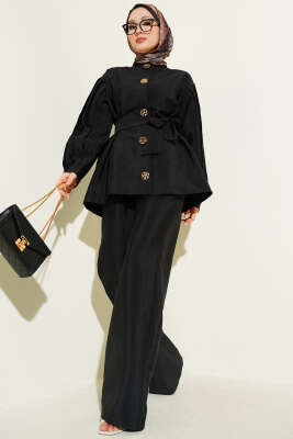 Kol Pileli Gold Düğmeli Kuşaklı İkili Takım Siyah - TABA