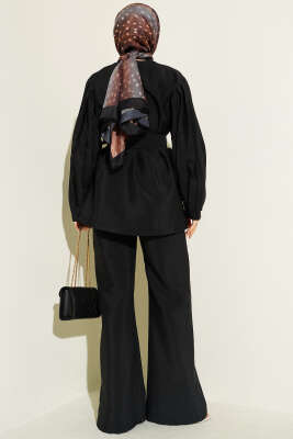 Kol Pileli Gold Düğmeli Kuşaklı İkili Takım Siyah - İkili Takım