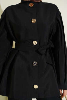 Kol Pileli Gold Düğmeli Kuşaklı İkili Takım Siyah - İkili Takım