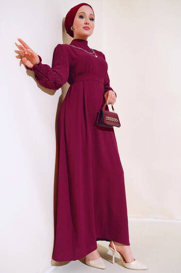 Kol Piliseli Elbise Bordo - Tesettür Elbise