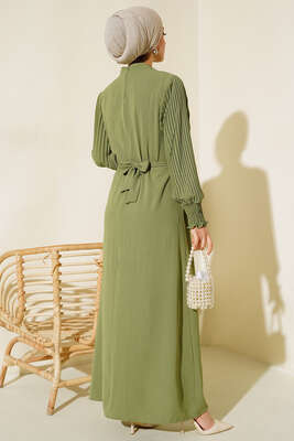 Kol Piliseli Elbise Çağla Yeşili - Tesettür Elbise