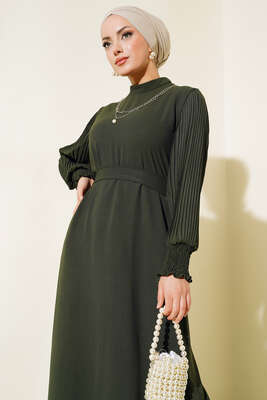 Kol Piliseli Elbise Haki - Elbise