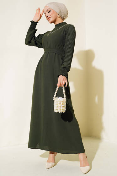 Kol Piliseli Elbise Haki - Tesettür Elbise
