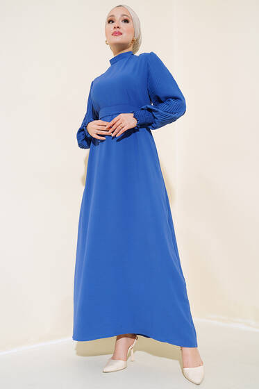 Kol Piliseli Elbise İndigo - Tesettür Elbise