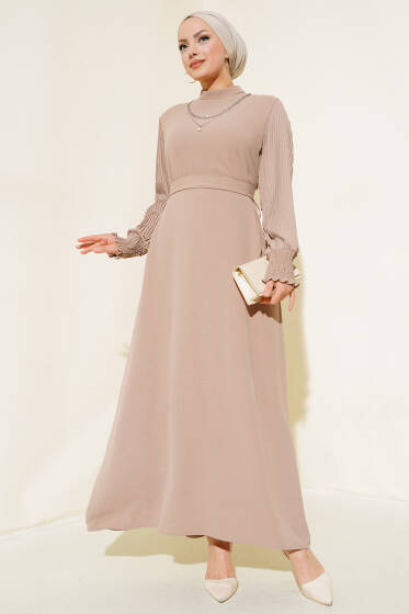 Kol Piliseli Elbise Latte - Elbise