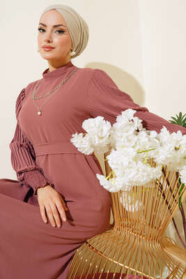 Kol Piliseli Elbise Pudra 