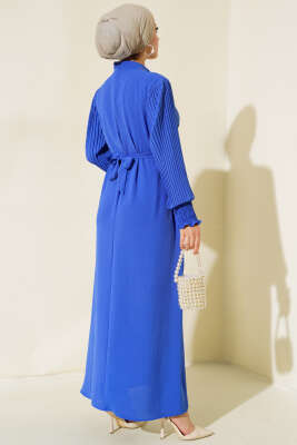 Kol Piliseli Elbise Saks - Tesettür Elbise