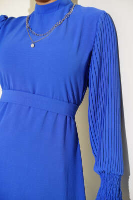 Kol Piliseli Elbise Saks - Tesettür Elbise