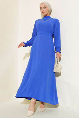 Kol Piliseli Elbise Saks - Tesettür Elbise