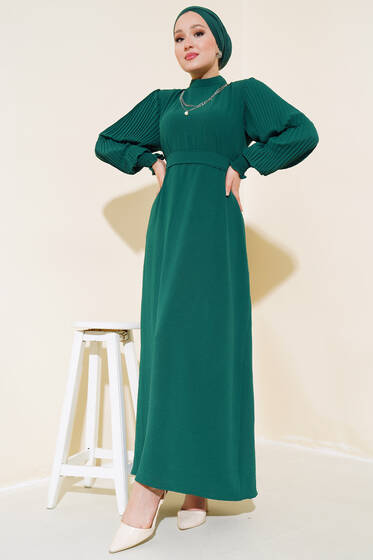 Kol Piliseli Elbise Zümrüt - Tesettür Elbise