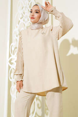 Kol Piliseli Keten İkili Takım Bej - İkili Takım