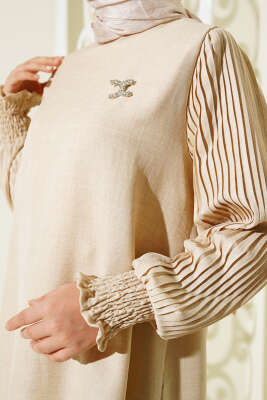 Kol Piliseli Keten İkili Takım Bej - İkili Takım