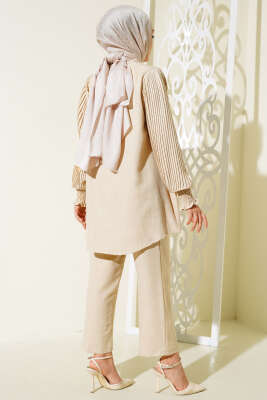 Kol Piliseli Keten İkili Takım Bej - İkili Takım